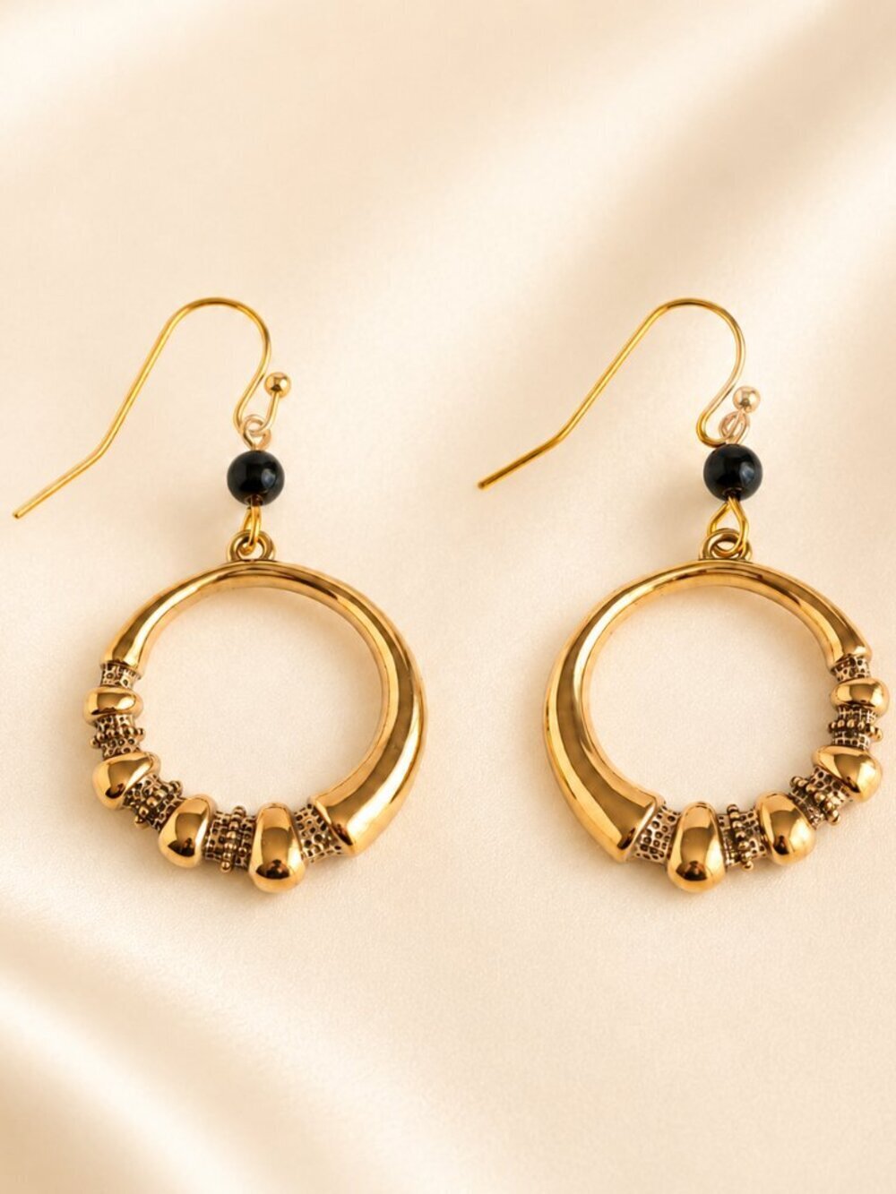 Gold Hoop Earrings With Onyx Detail Stainless Steel Large Dangle - Picture 5 of 6